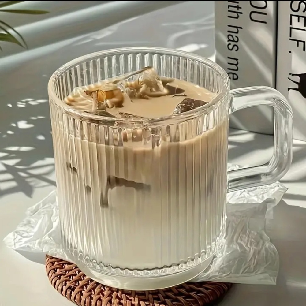 Aesthetic Ribbed Glass Tumbler Handle Iced Coffee Tea Matcha Drinkware Cup